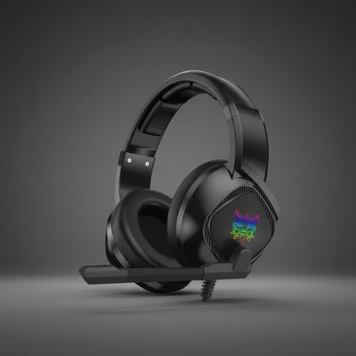 Gaming headset with volume controller featuring adjustable microphone and soft ear cushions.