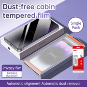iPhone Privacy Screen Protector featuring a dust-free cabin, tempered film, and automatic alignment for easy application.