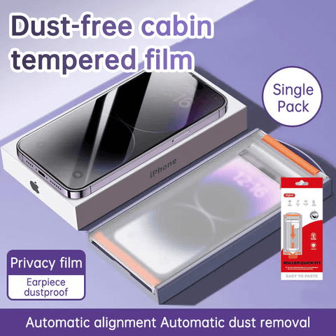 iPhone Privacy Screen Protector featuring a dust-free cabin, tempered film, and automatic alignment for easy application.