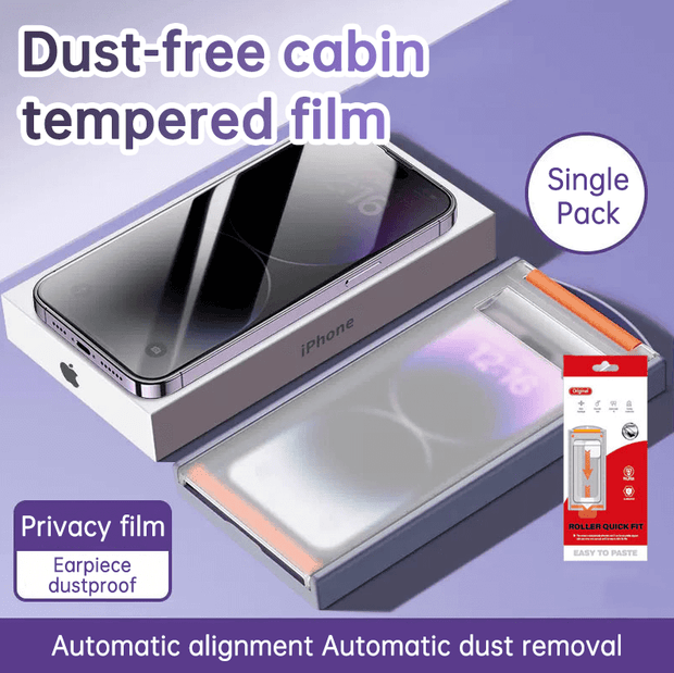iPhone Privacy Screen Protector featuring a dust-free cabin, tempered film, and automatic alignment for easy application.