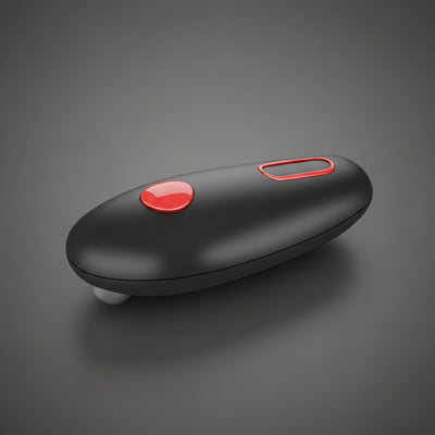 Automatic electric can opener from a top view, featuring a red button for effortless can opening.