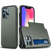 iPhone Card Holder Case – Slide Push Protective Cover in green with hidden card slot and iPhone display.