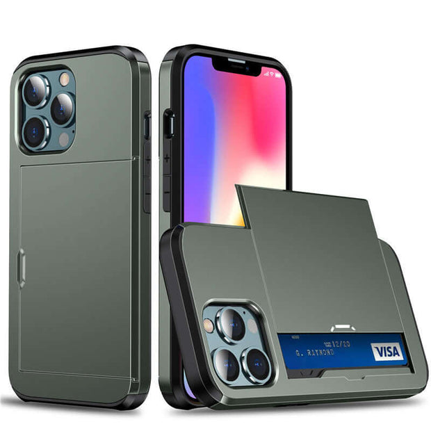iPhone Card Holder Case – Slide Push Protective Cover in green with hidden card slot and iPhone display.