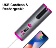 Wireless multifunction curling iron, USB cordless and rechargeable with digital display for easy temperature control.