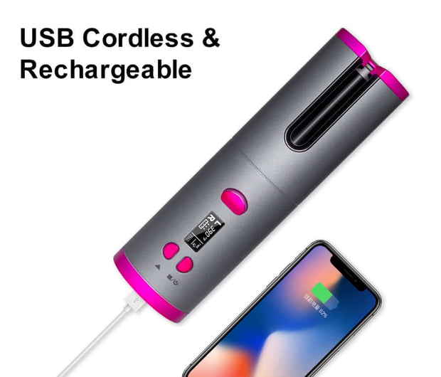 Wireless multifunction curling iron, USB cordless and rechargeable with digital display for easy temperature control.