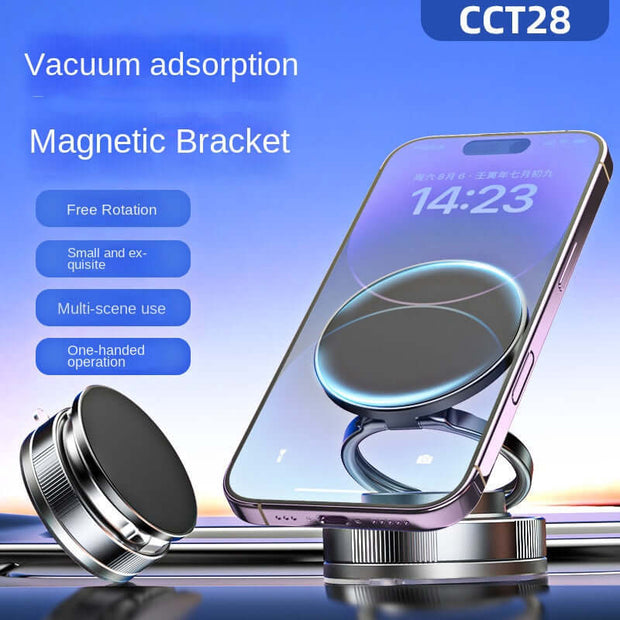Magnetic Car Phone Holder with vacuum suction cup, showcasing free rotation and innovative design for convenient navigation.