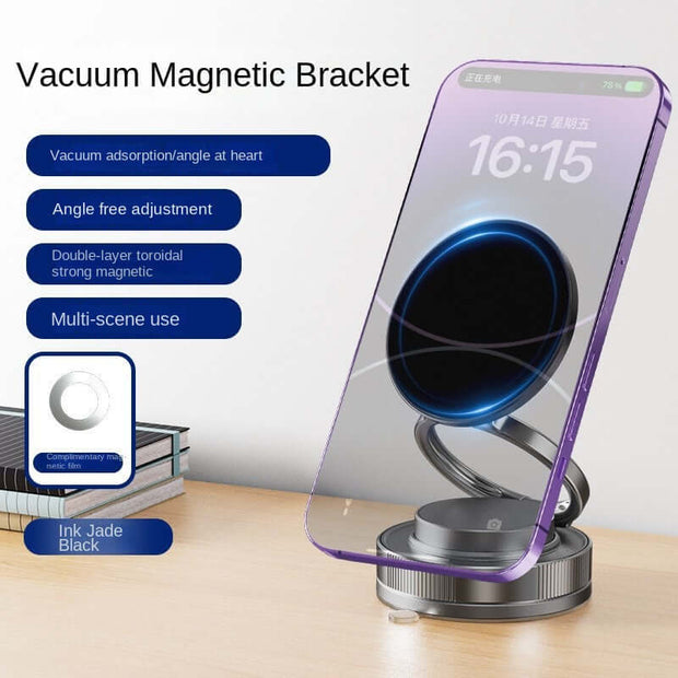 Magnetic Car Phone Holder with vacuum suction cup for adjustable angle and strong magnetic grip.