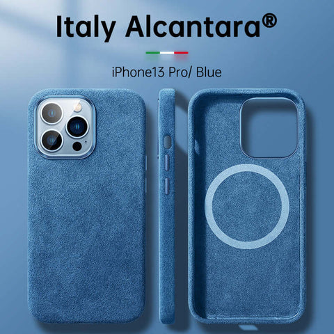 Italian Alcantara iPhone Case – Premium Business Leather Cover for iPhone 13 Pro in Blue.