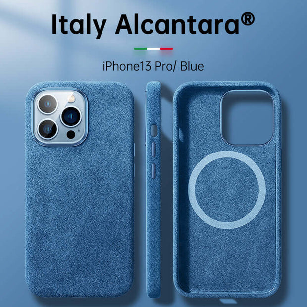 Italian Alcantara iPhone Case – Premium Business Leather Cover for iPhone 13 Pro in Blue.