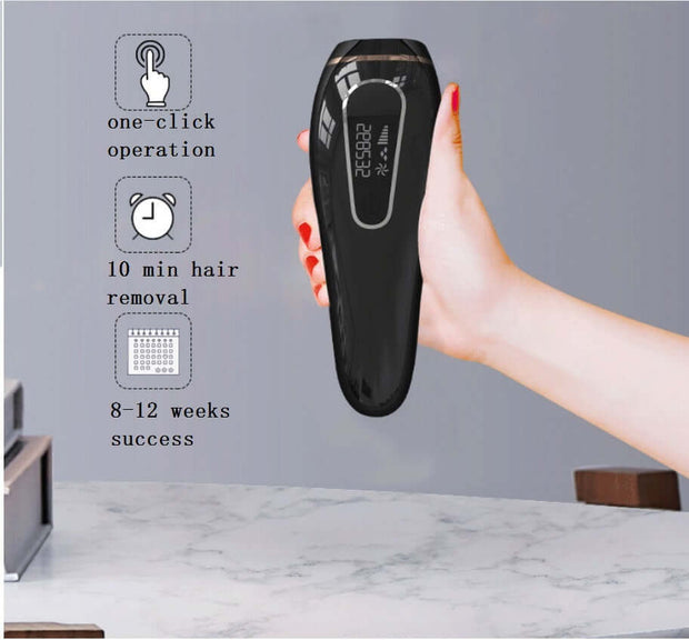 Permanent IPL hair removal device with LCD screen, showcasing one-click operation and quick results.