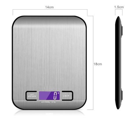 Stainless Steel Digital Kitchen Scale dimensions and features including max capacity and digital display.