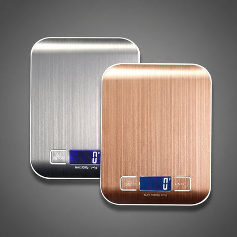 Stainless Steel Digital Kitchen Scale in silver and gold colors showing digital display for accurate weight measurements.