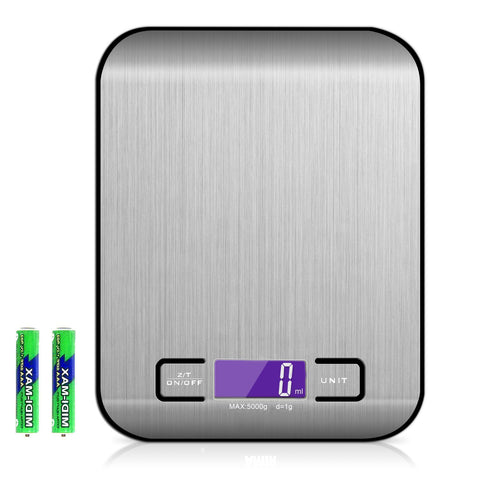 Stainless Steel Digital Kitchen Scale with LCD display and AAA batteries, maximum capacity of 5000g.
