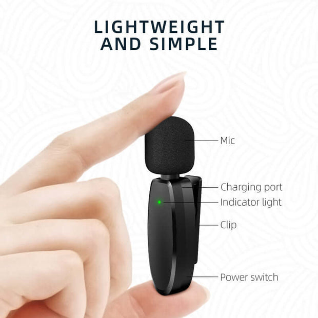 Wireless Lavalier Microphone shown being held, showcasing its lightweight design and simple functionality.