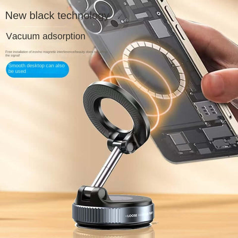 Magnetic Car Phone Holder with vacuum suction cup and strong magnetic grip for secure phone mounting.