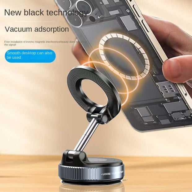 Magnetic Car Phone Holder with vacuum suction cup and strong magnetic grip for secure phone mounting.