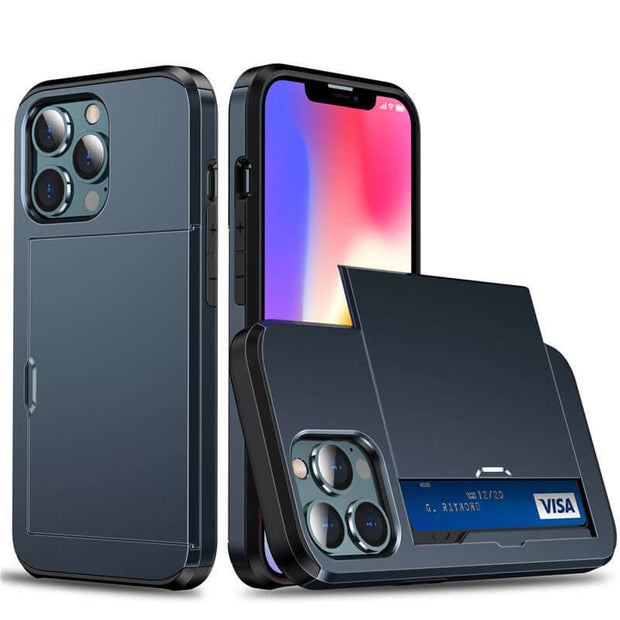 iPhone Card Holder Case – Slide Push Protective Cover with hidden card slot for iPhone 13 to 17 Pro Max.