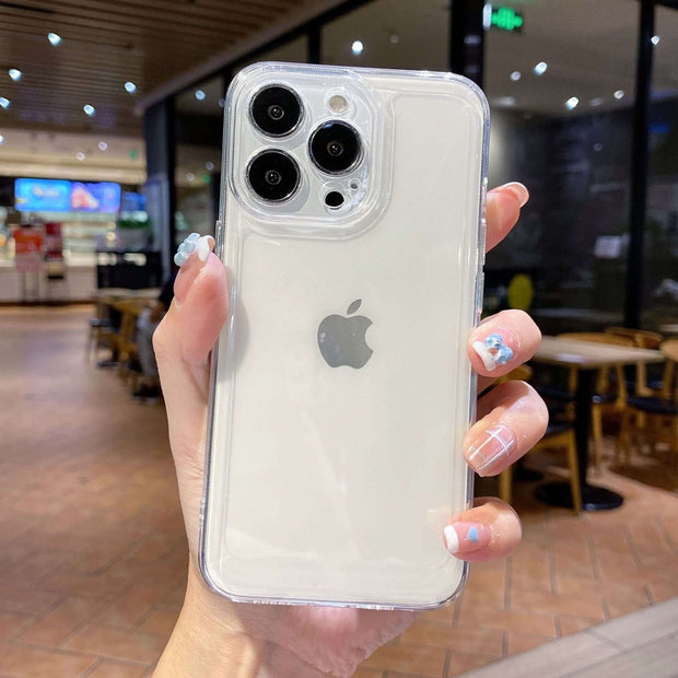 Transparent iPhone Case featuring a hand holding a clear anti-drop protective cover with Apple logo.