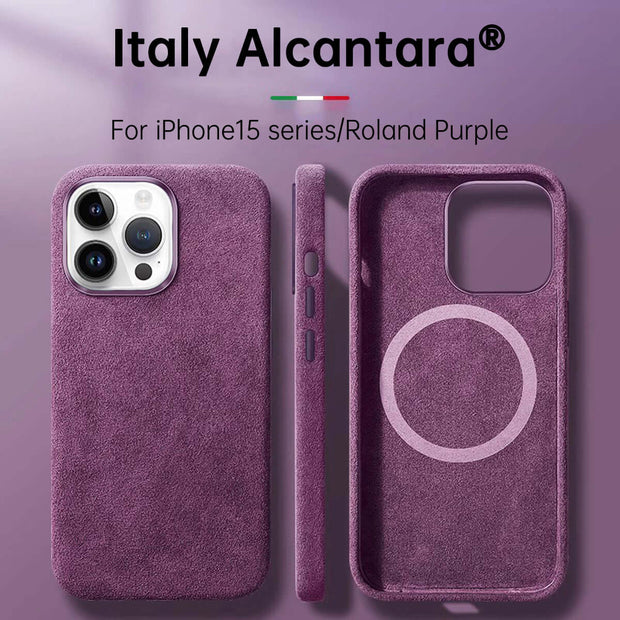 Italian Alcantara iPhone Case – Premium Business Leather Cover in Roland Purple for iPhone 15 series.