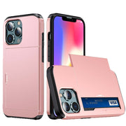 iPhone Card Holder Case – Slide Push Protective Cover in pink color with hidden card slot for essentials.