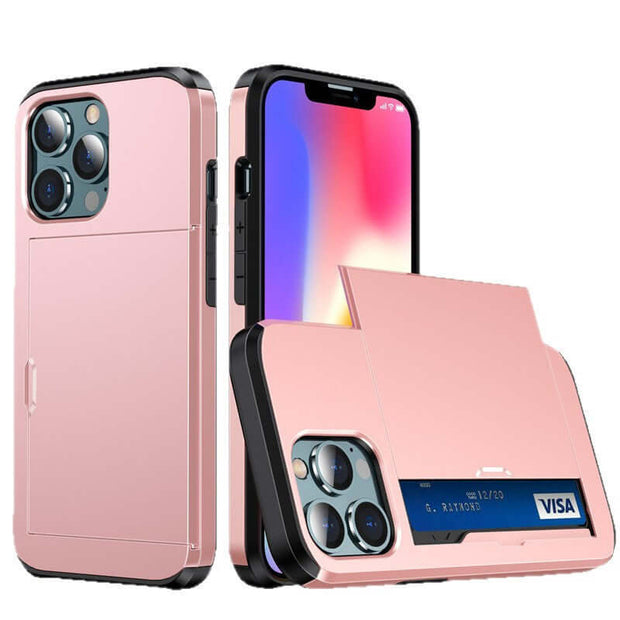 iPhone Card Holder Case – Slide Push Protective Cover in pink color with hidden card slot for essentials.