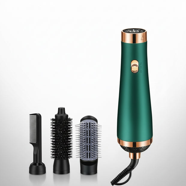 Green hair styling tool with attachments on a white background