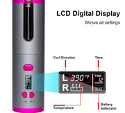 LCD digital display of a wireless curling iron showing temperature, timer, curl direction, and battery status.