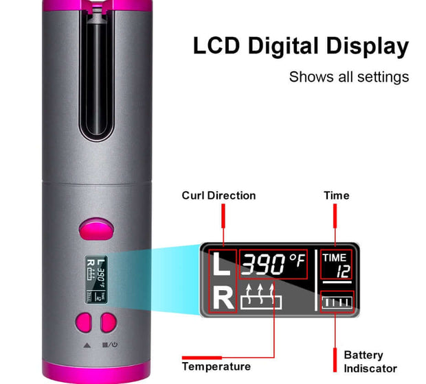 LCD digital display of a wireless curling iron showing temperature, timer, curl direction, and battery status.