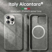 Italian Alcantara iPhone Case in gray, compatible with iPhone 15 series, showcasing premium leather design.
