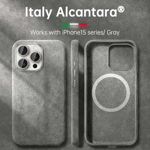 Italian Alcantara iPhone Case in gray, compatible with iPhone 15 series, showcasing premium leather design.