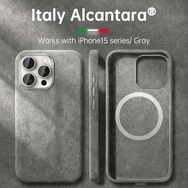 Italian Alcantara iPhone Case in gray, compatible with iPhone 15 series, showcasing premium leather design.