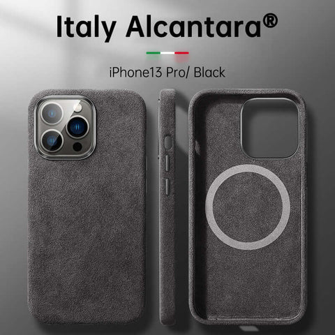 Italian Alcantara iPhone Case in Black for iPhone13 Pro with premium leather craftsmanship.