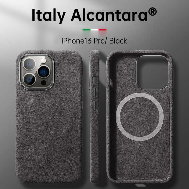 Italian Alcantara iPhone Case in Black for iPhone13 Pro with premium leather craftsmanship.