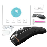 Permanent IPL hair removal device with LCD screen, accessories, and user-friendly design for smooth skin.