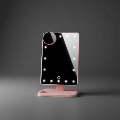 Bluetooth Touch Makeup Mirror with LED lights and 10x zoom for smart beauty routines.