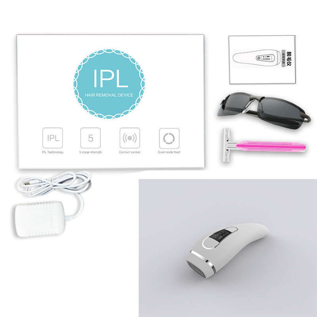IPL hair removal device kit including device, sunglasses, razor, and user manual, showcasing advanced hair removal technology.