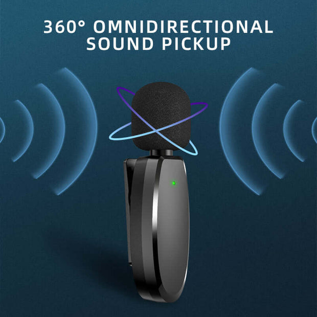 Wireless Lavalier Microphone with 360° omnidirectional sound pickup for clear audio during broadcasts and recordings.
