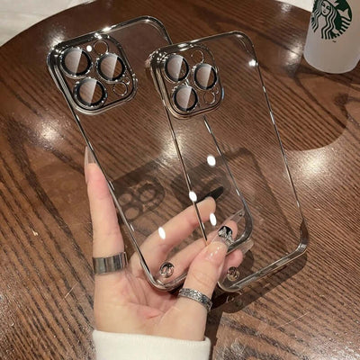 iPhone Transparent Case – Ultra-Thin Frameless Protective Cover showcased in a hand on a wooden table.