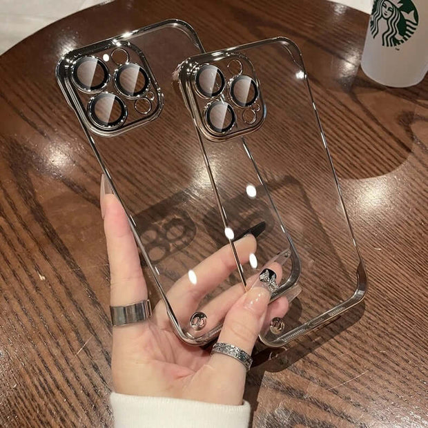 iPhone Transparent Case – Ultra-Thin Frameless Protective Cover showcased in a hand on a wooden table.