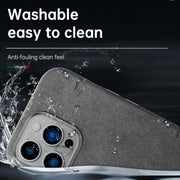 Italian Alcantara iPhone Case with a washable, anti-fouling surface, showcasing its easy-to-clean feature.