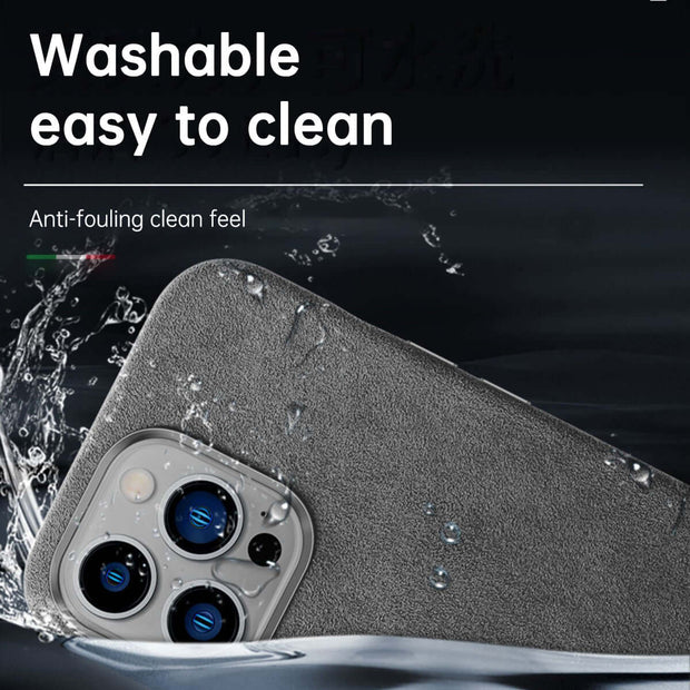 Italian Alcantara iPhone Case with a washable, anti-fouling surface, showcasing its easy-to-clean feature.