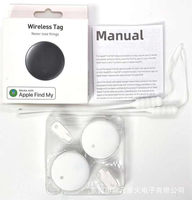 Waterproof Anti-Lost Tracker packaging and manual for tracking pets, kids, luggage, compatible with Find My app.