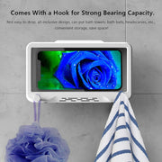 Waterproof Bathroom Phone Holder mounted on a wall, showcasing a phone inside and a storage hook for towels.
