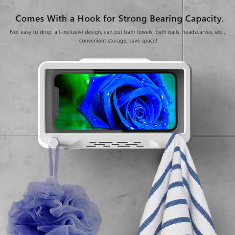 Waterproof Bathroom Phone Holder mounted on a wall, showcasing a phone inside and a storage hook for towels.