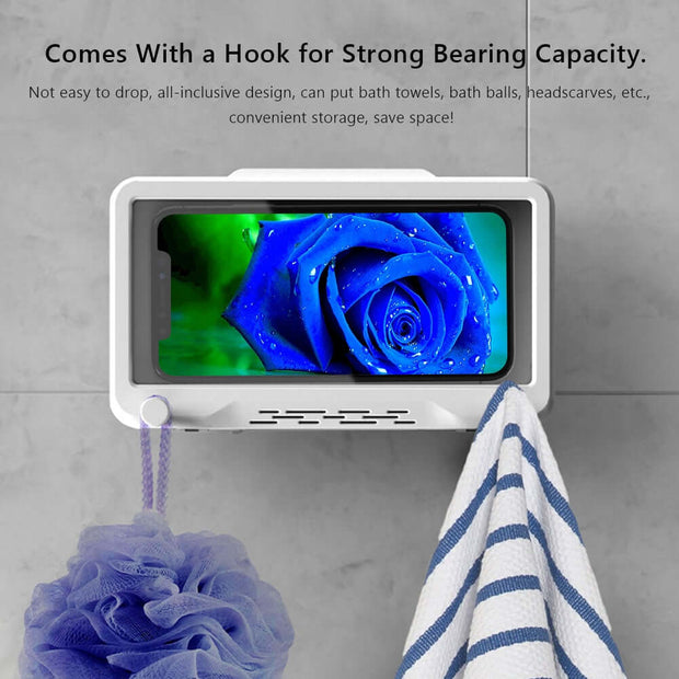 Waterproof Bathroom Phone Holder mounted on a wall, showcasing a phone inside and a storage hook for towels.