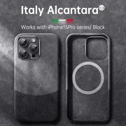 Italian Alcantara iPhone Case – Premium Business Leather Cover for iPhone 15 Pro series in black.