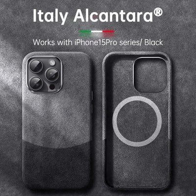 Italian Alcantara iPhone Case – Premium Business Leather Cover for iPhone 15 Pro series in black.