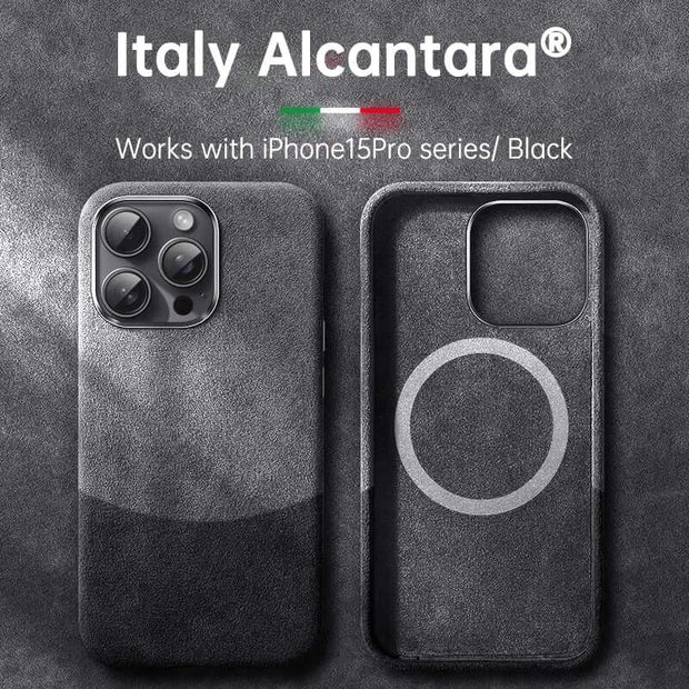 Italian Alcantara iPhone Case – Premium Business Leather Cover for iPhone 15 Pro series in black.