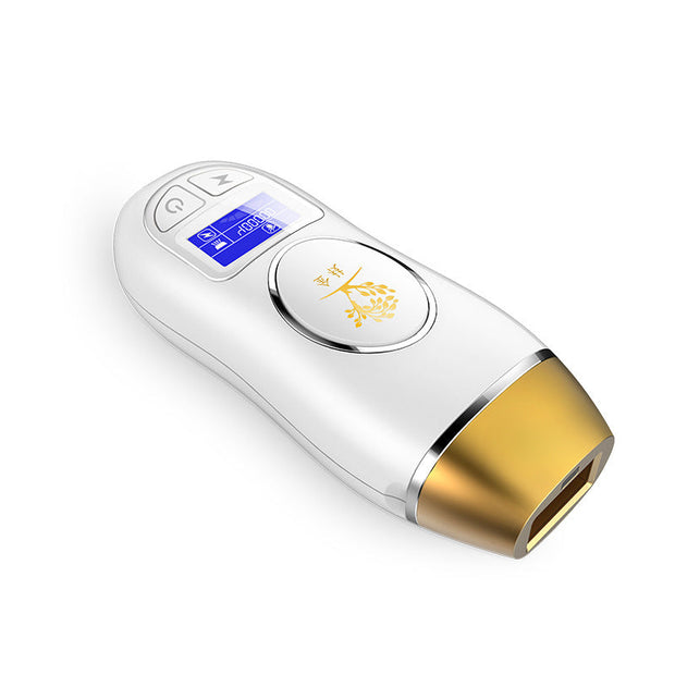 IPL laser hair removal device with gold accent and display panel for painless beauty treatments at home.