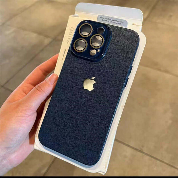iPhone Leather Case shown in a hand, premium protective shell suitable for iPhone, offering luxury and durability.
